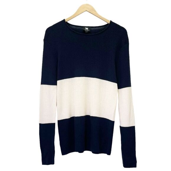 Worth Sweater Women's Size Large 100% Wool Pullover Navy & Ivory Rugby Stripe - Picture 8 of 8